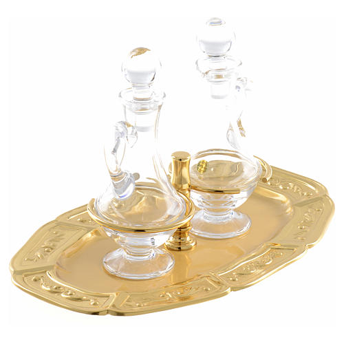Glass cruets with gold-plated brass tray 2