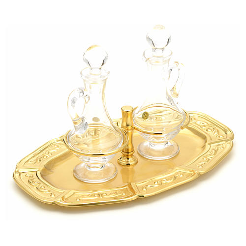 Glass cruets with gold-plated brass tray 7