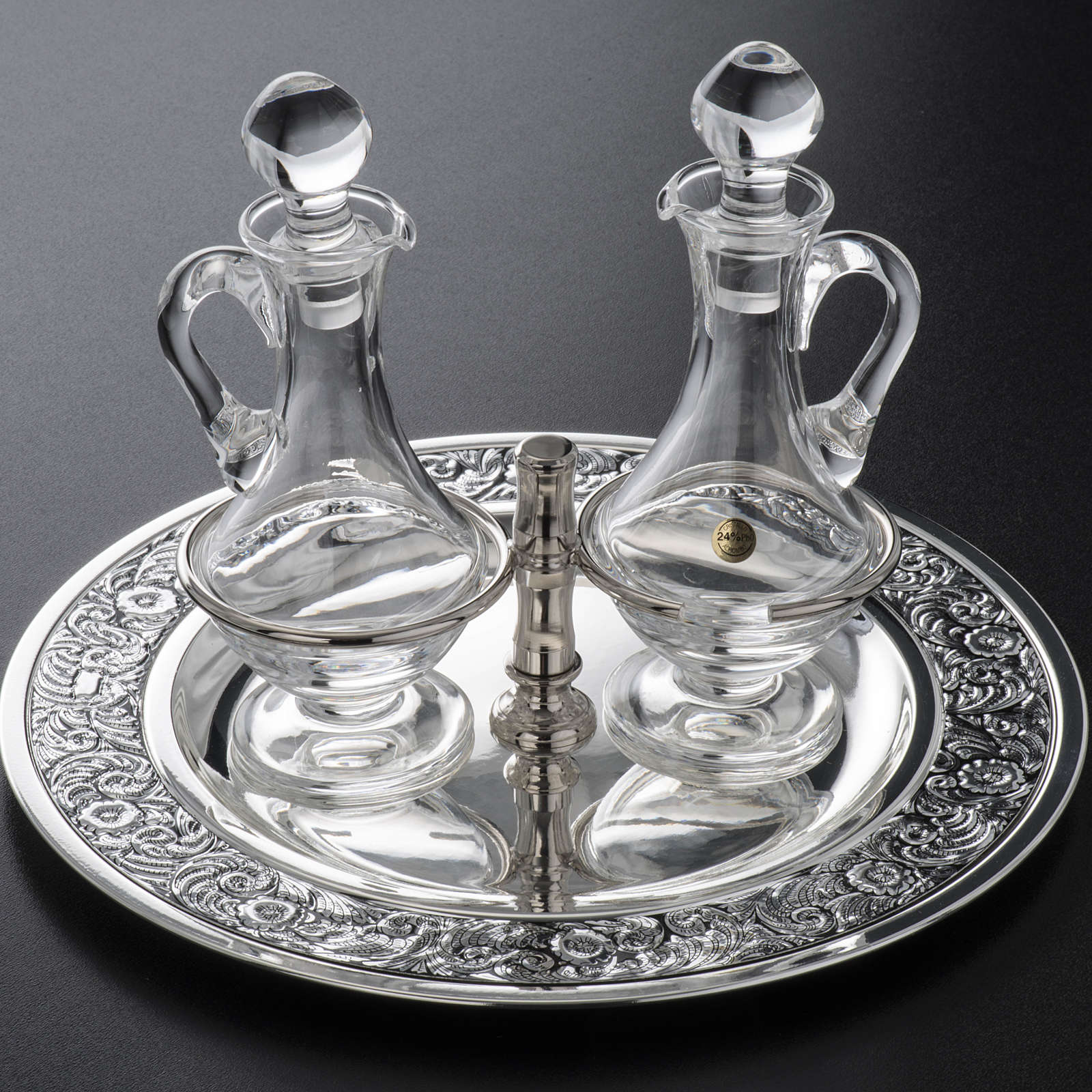 Glass cruet set with silverplated tray online sales on