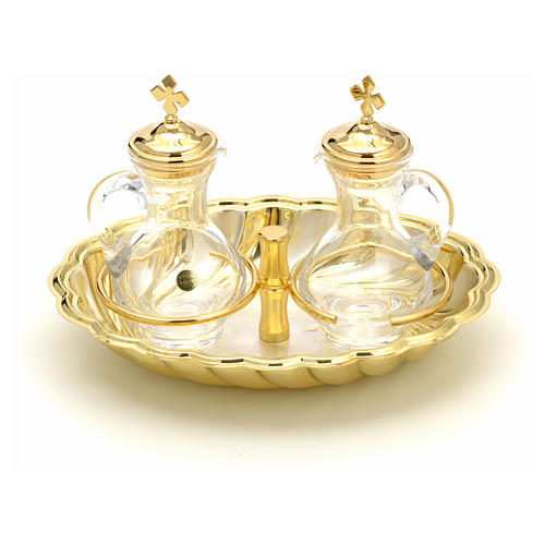 Glass cruet set with silver and gold-plated brass tray 1