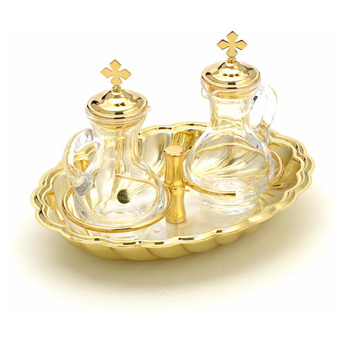 Glass cruet set with silver and gold-plated brass tray 3