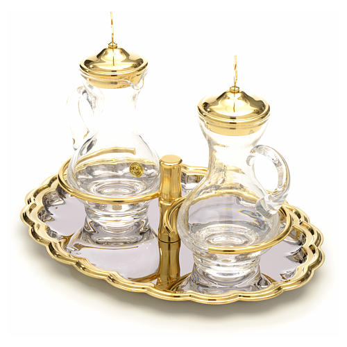 Burettes en verre, plateau nickelé et doré 2