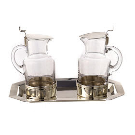 Glass cruets for mass with silver-plated brass tray by Molina