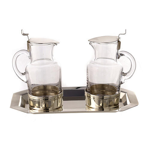 Glass cruets for mass with silver-plated brass tray by Molina 1