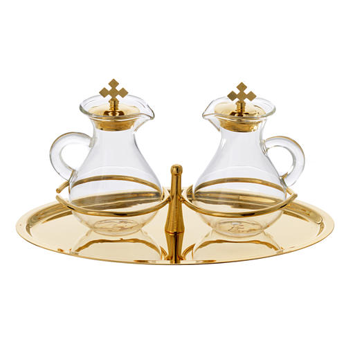 Glass cruets for mass with brass tray 1