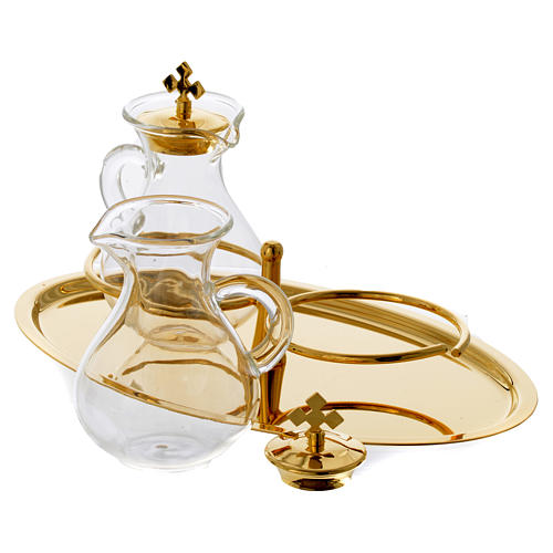Glass cruets for mass with brass tray 2