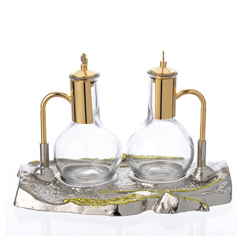 Holyart Burettes Messe En Verre Avec Plateau - 50 Ml - Capuchons Laiton - Hauteur 7,5 Cm - Pour Célébrations Religieuses