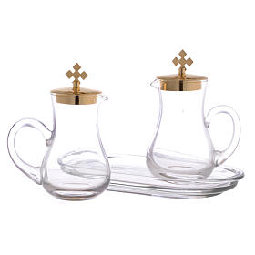 Pair of small cruets with a glass tray