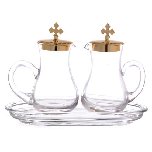 Pair of small cruets with a glass tray 1