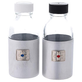 Glass cruets of 125 ml with artificial black leather bag