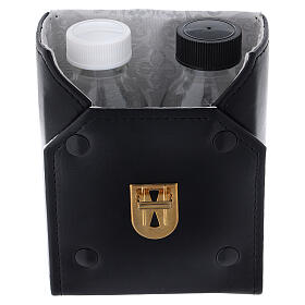 Glass cruets of 125 ml with artificial black leather bag