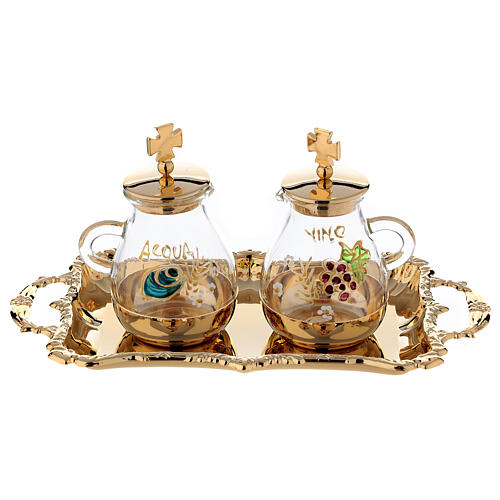 Hand painted water and wine set in gold plated brass 1