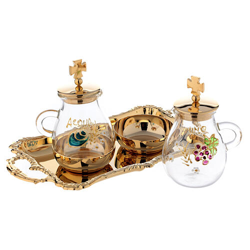 Hand painted water and wine set in gold plated brass 2