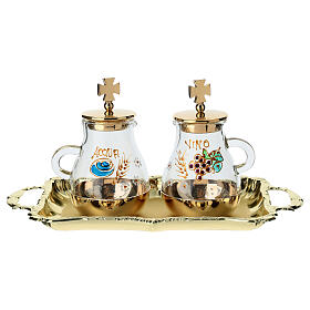 Conjunto de galhetas douradas para água e vinho pintadas à mão