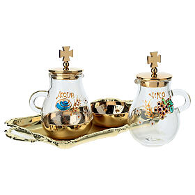 Conjunto de galhetas douradas para água e vinho pintadas à mão