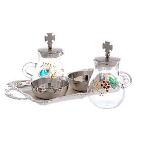 Hand painted water and wine set in silver plated brass