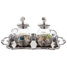 Burettes liturgiques en métal: Set burettes argentées peintes pour eau et vin