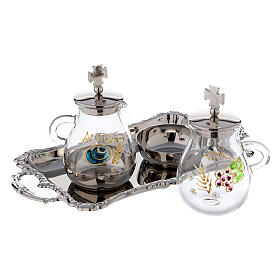 Burettes liturgiques en métal: Set burettes argentées peintes pour eau et vin