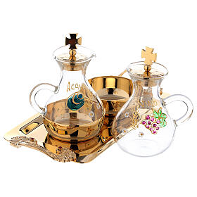 Hand painted cruet set in gold plated brass