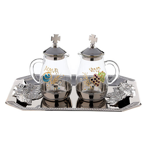 Glass cruets Como, hand painted, 160 ml, silver-plated brass tray 1