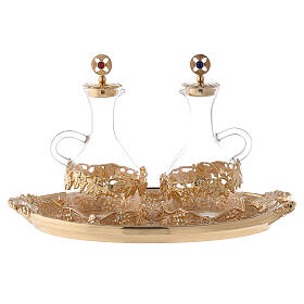 Glass church cruets with golden tray for water and wine