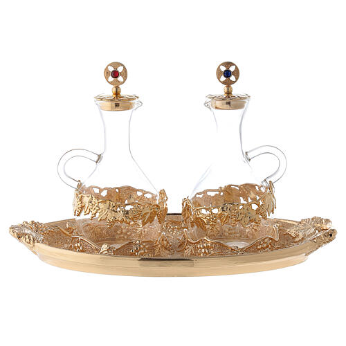 Glass church cruets with golden tray for water and wine 1