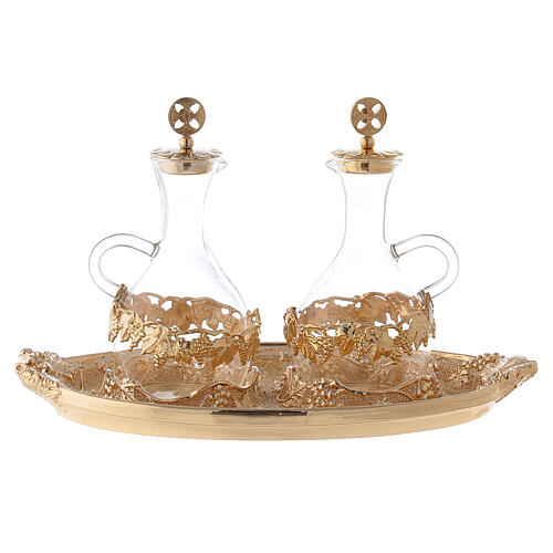 Glass church cruets with golden tray for water and wine 3