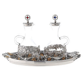 Glass cruets water and wine with gold silver tray
