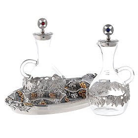 Glass cruets water and wine with gold silver tray