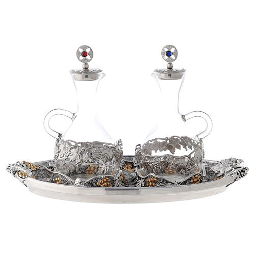 Glass cruets water and wine with gold silver tray 1