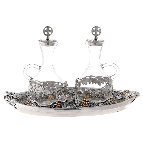 Glass cruets water and wine with gold silver tray 3