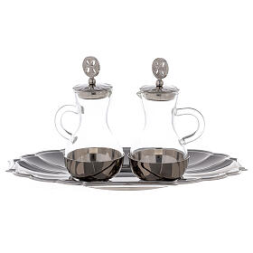 Cruets with decorated caps and silver-plated tray