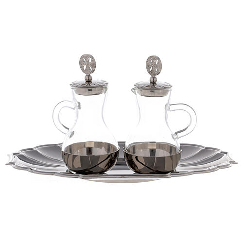 Cruets with decorated caps and silver-plated tray 1