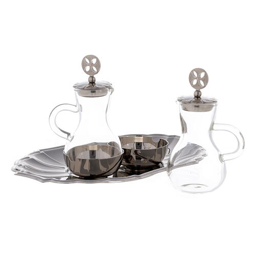 Cruets with decorated caps and silver-plated tray 2