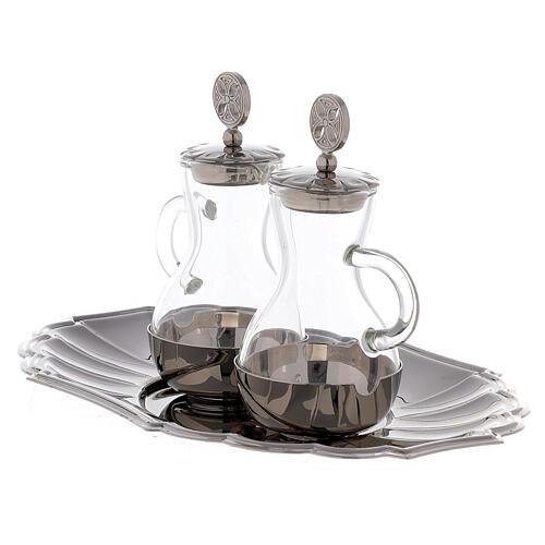 Cruets with decorated caps and silver-plated tray 3