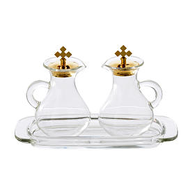 Set of 2 glass cruets and tray for mass
