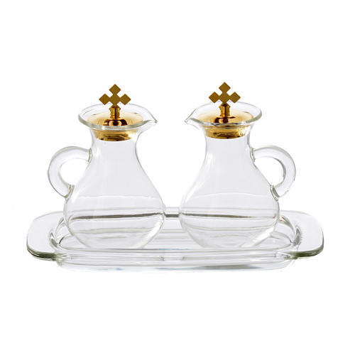 Set of 2 glass cruets and tray for mass 1