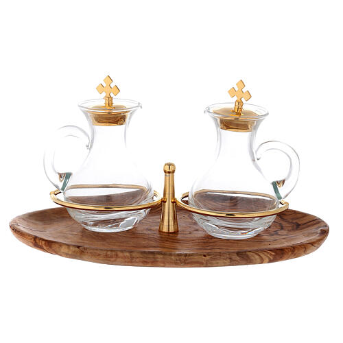 Cruet set and tray in Holy Land olive wood 1