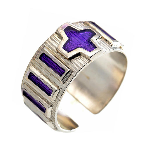 Single decade rosary ring  silver and violet enamel 1