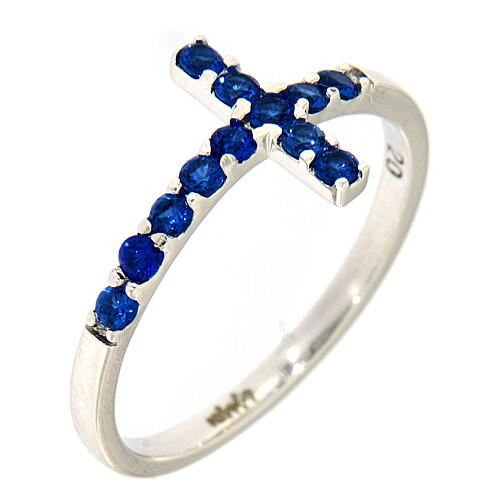 Ring AMEN Cross white silver 925, blue zircons 1