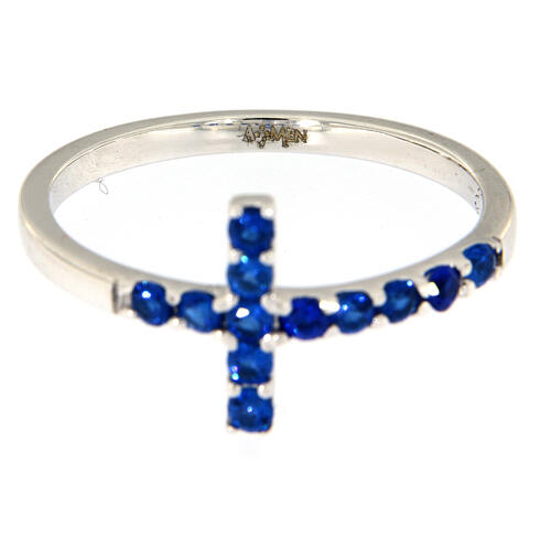 Ring AMEN Cross white silver 925, blue zircons 4