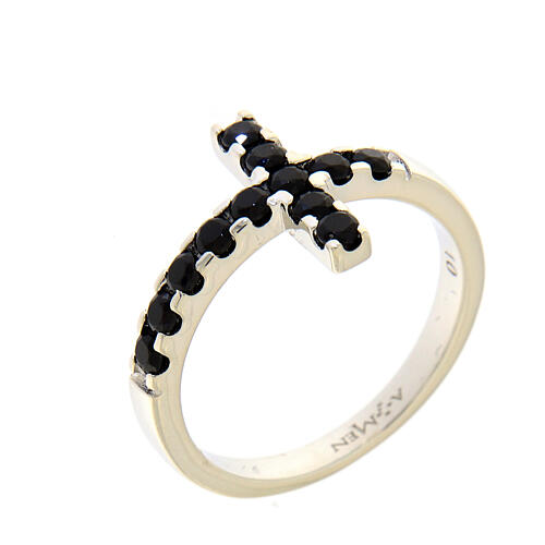 Ring AMEN Cross white silver 925, black zircons 1