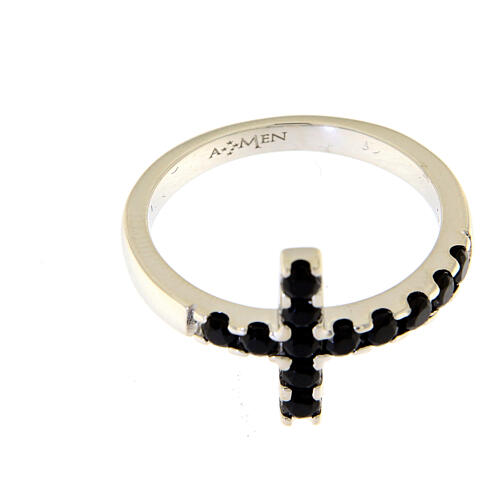 Ring AMEN Cross white silver 925, black zircons 2