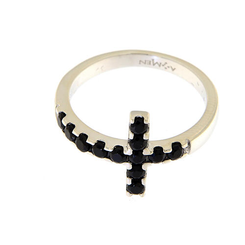 Ring AMEN Cross white silver 925, black zircons 3