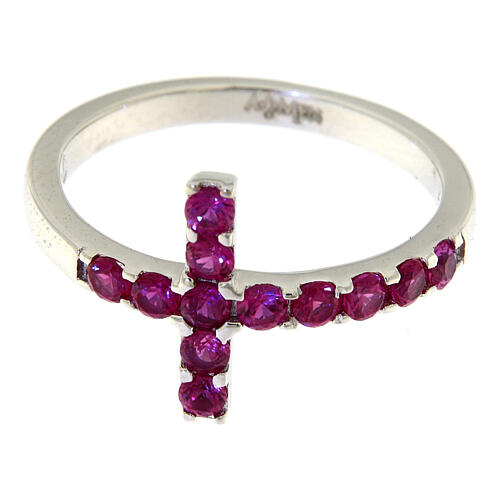 Ring AMEN Cross white silver 925, red zircons 2