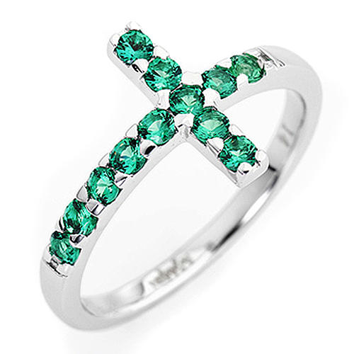 Ring AMEN Cross white silver 925, green zircons 1