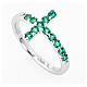 Ring AMEN Cross white silver 925, green zircons s2