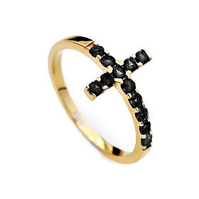 AMEN ring with cross of purple zircons, gold plated 925 silver
