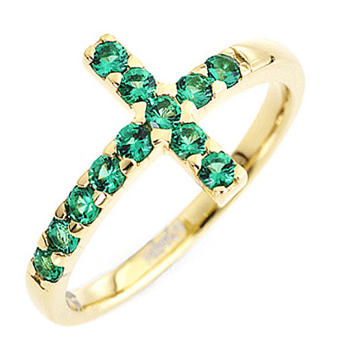 Ring AMEN Cross gilded silver 925, green zircons 1