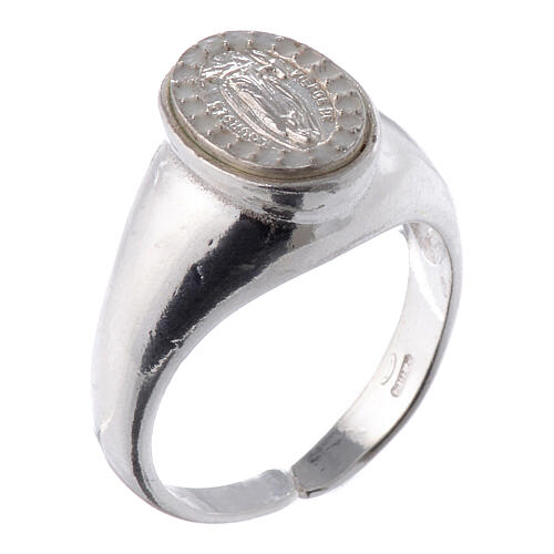 Ring in 925 silver with Our Lady of Lourdes medal, white and adjustable 1